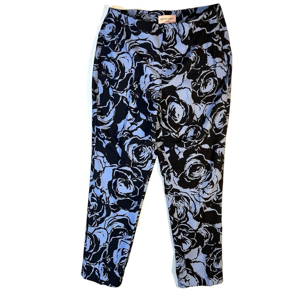 Chico's Black Label Palazzo Pants Womens Size 10 Black Blue Rose Floral